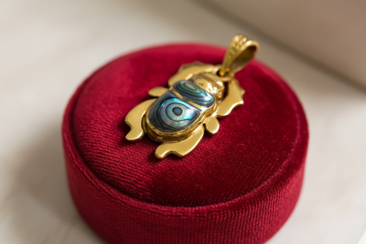 Gold Scarab Mother of Pearl Abalone Pendant, Egyptian Revival Necklace