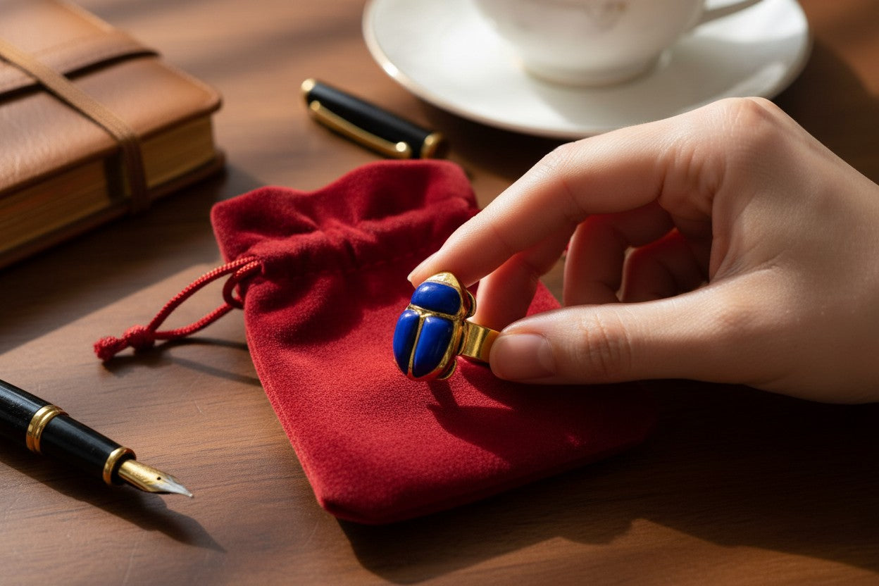 Gold Lapis Lazuli Scarab Ring, Ancient Egyptian Scarab Jewelry, Blue Gemstone Ring, Pharaoh Revival Gift for Her Him