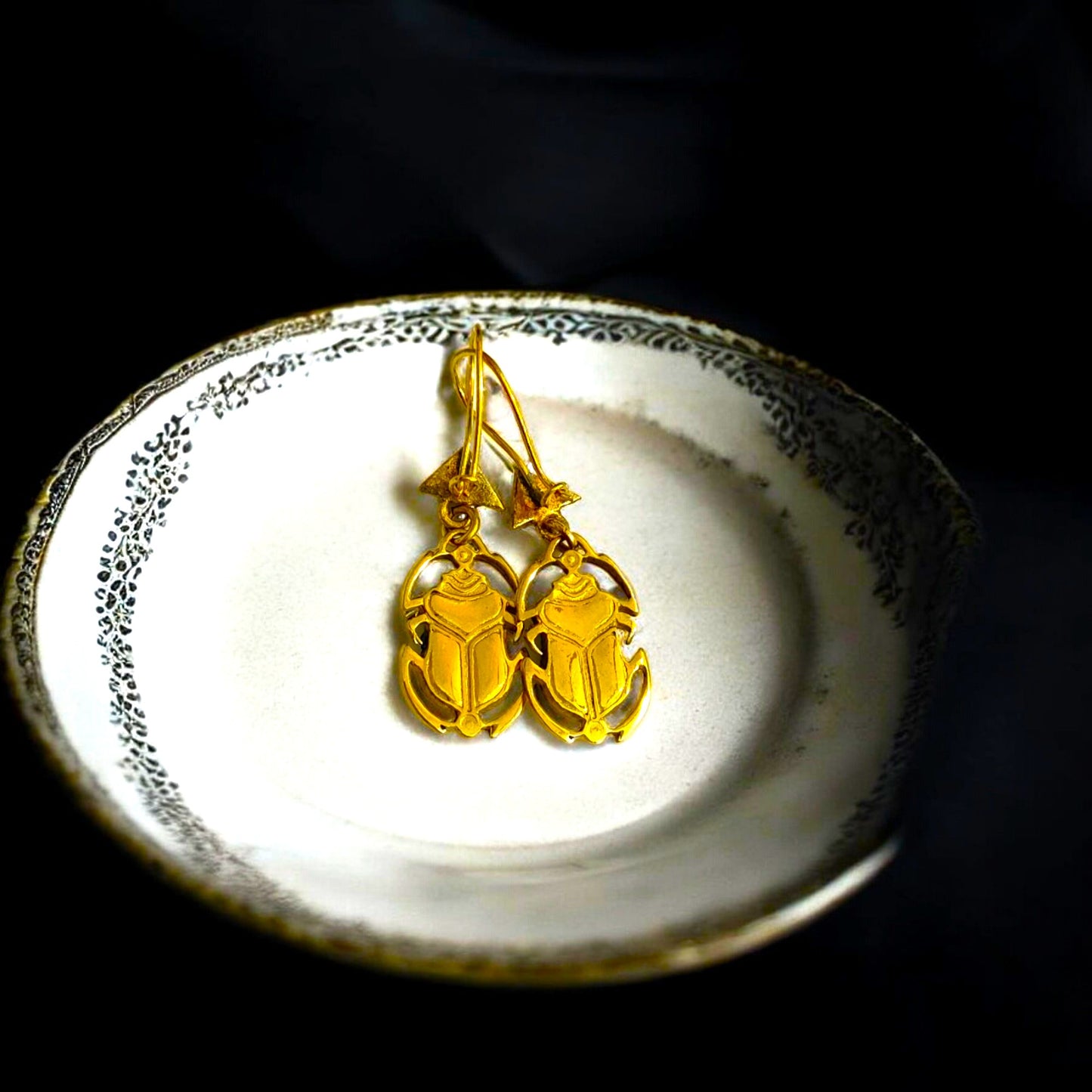 Gold Mother of Pearl Scarab Earrings, Egyptian Talisman Jewelry