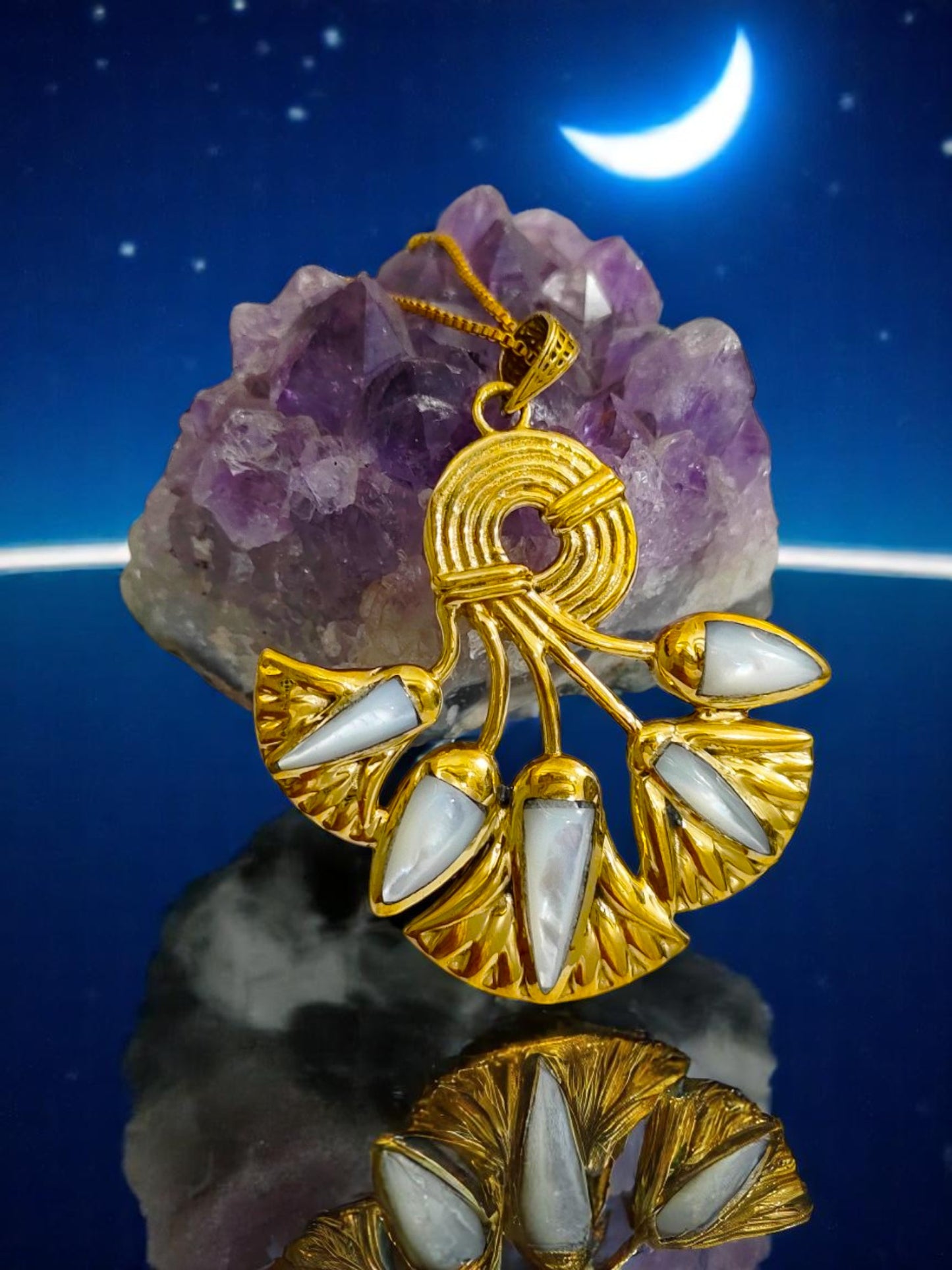 Gold Lotus Flower Pendant, Egyptian Mother of Pearl Necklace