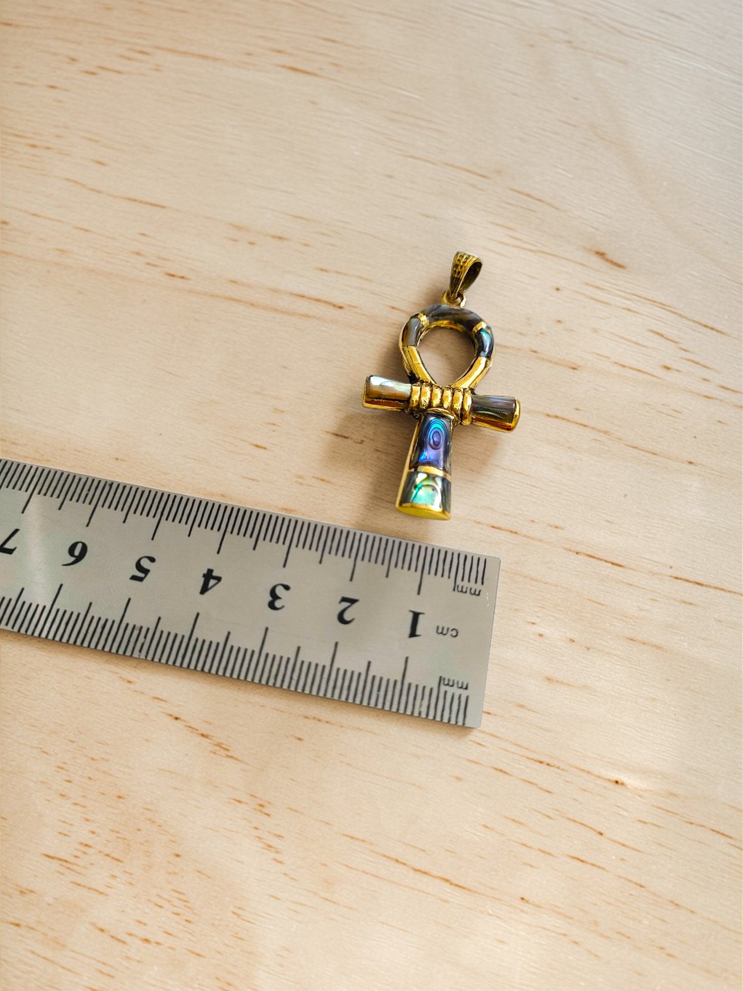 Gold Ankh Necklace, Mother of Pearl Abalone Egyptian Key of Life Pendant
