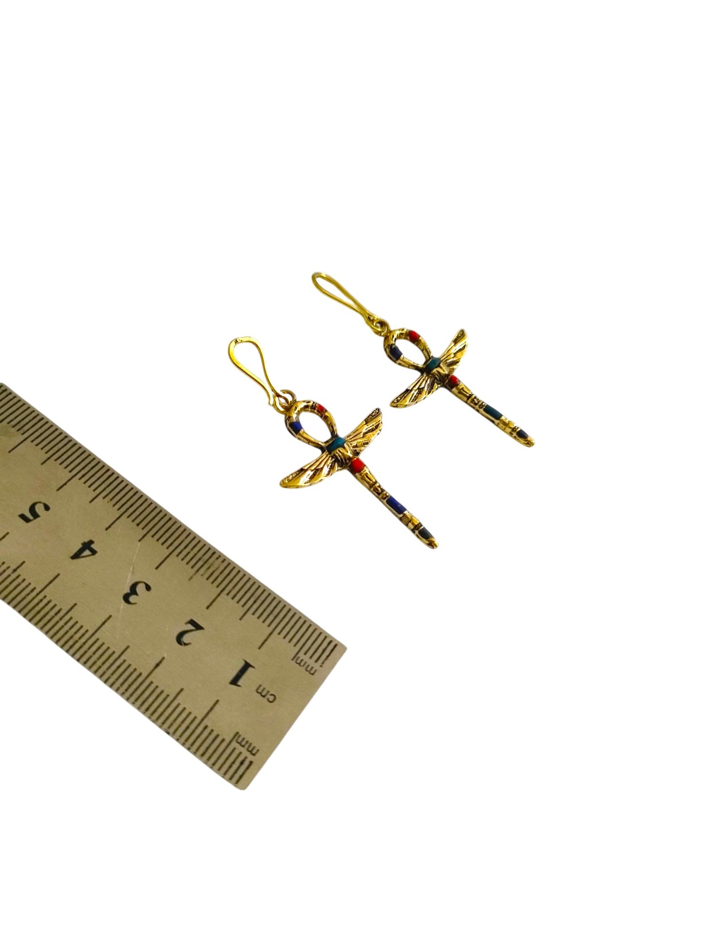 Gold Winged Ankh Earrings, Colorful Stone Jewelry, Ancient Egyptian Key Of Life Earrings, Spiritual Boho Gift For Her