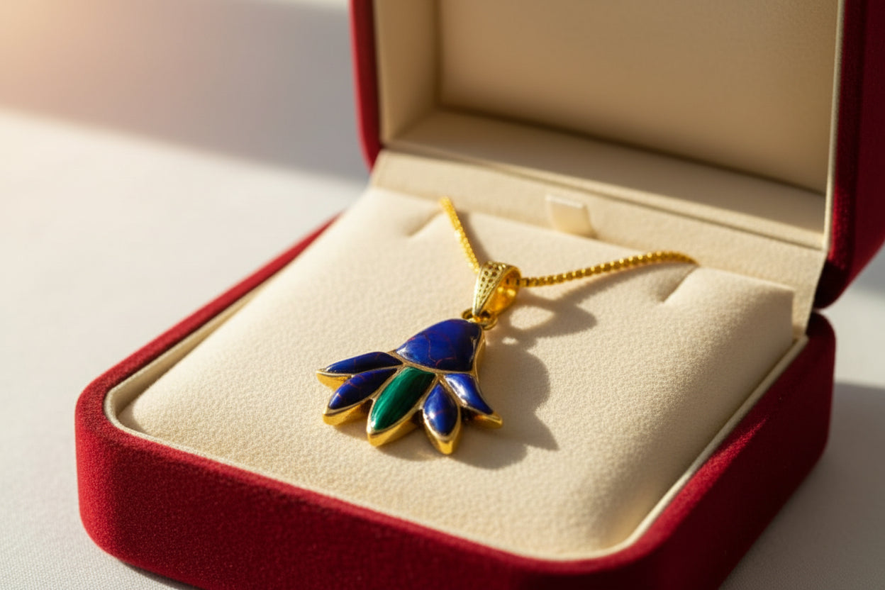 Gold Lotus Flower Pendant, Egyptian Talisman with Lapis Lazuli & Malachite