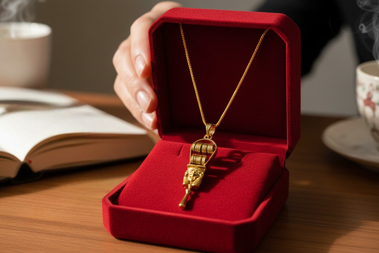 Gold Hathor Sistrum Pendant, Egyptian Revival Amulet Necklace