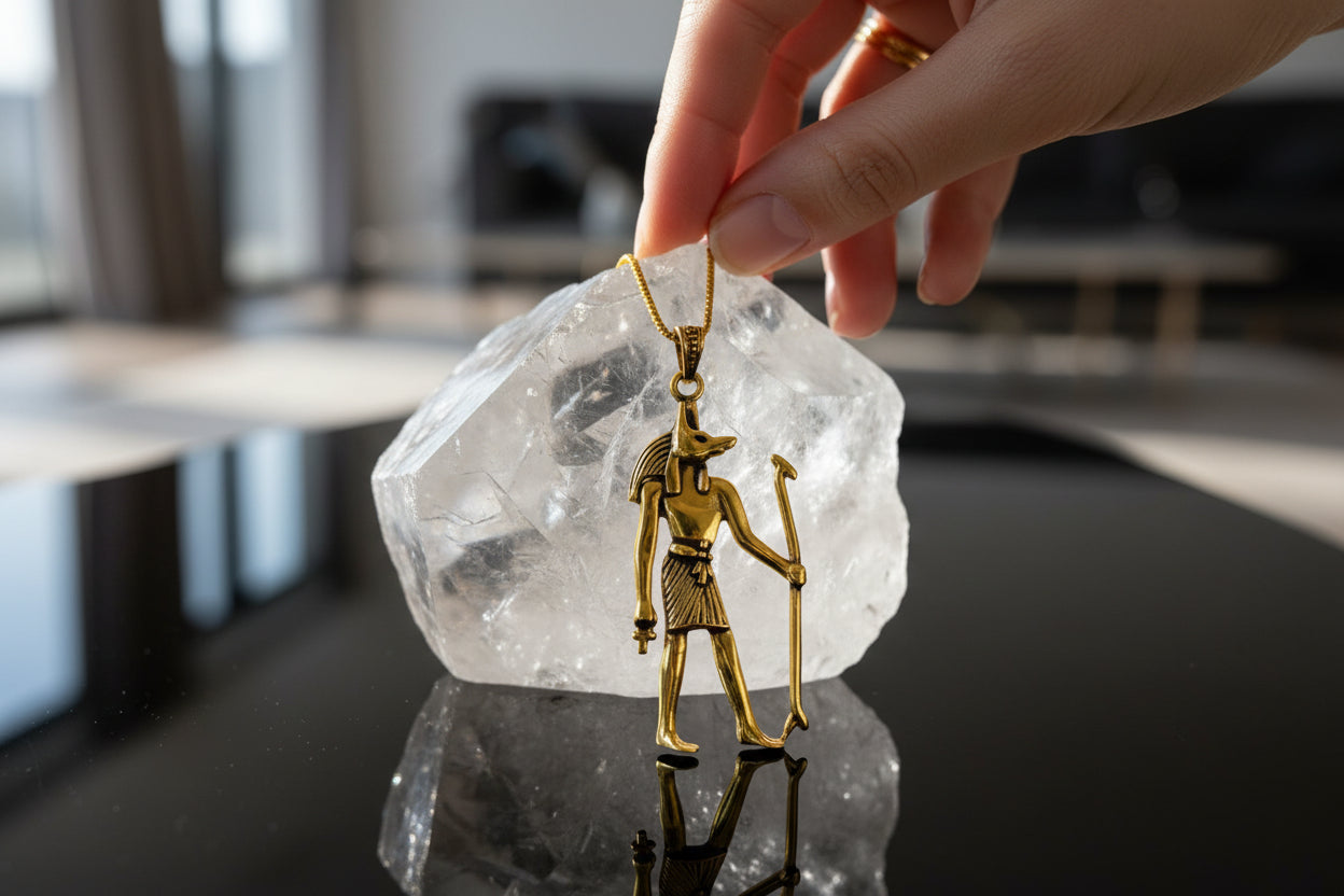Gold Anubis Pendant Necklace, Handmade Egyptian Revival Jewelry