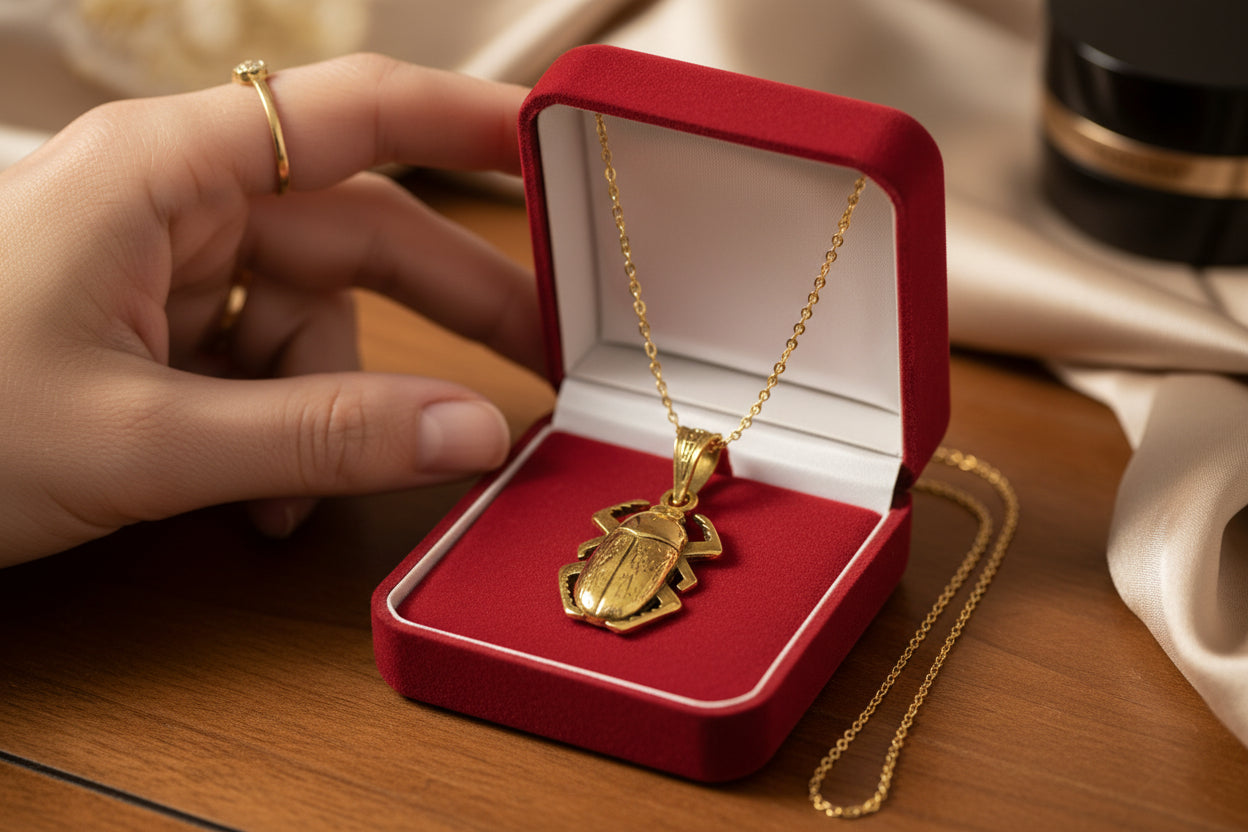 Gold Scarab Beetle Pendant Necklace, Egyptian Revival Talisman