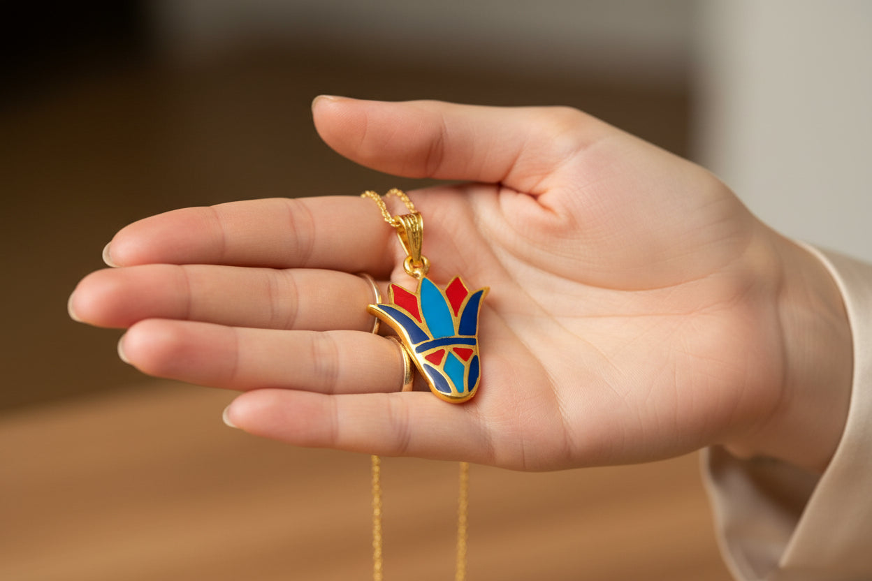 Enamel Lotus Flower Pendant, Gold Egyptian Jewelry Gift Necklace