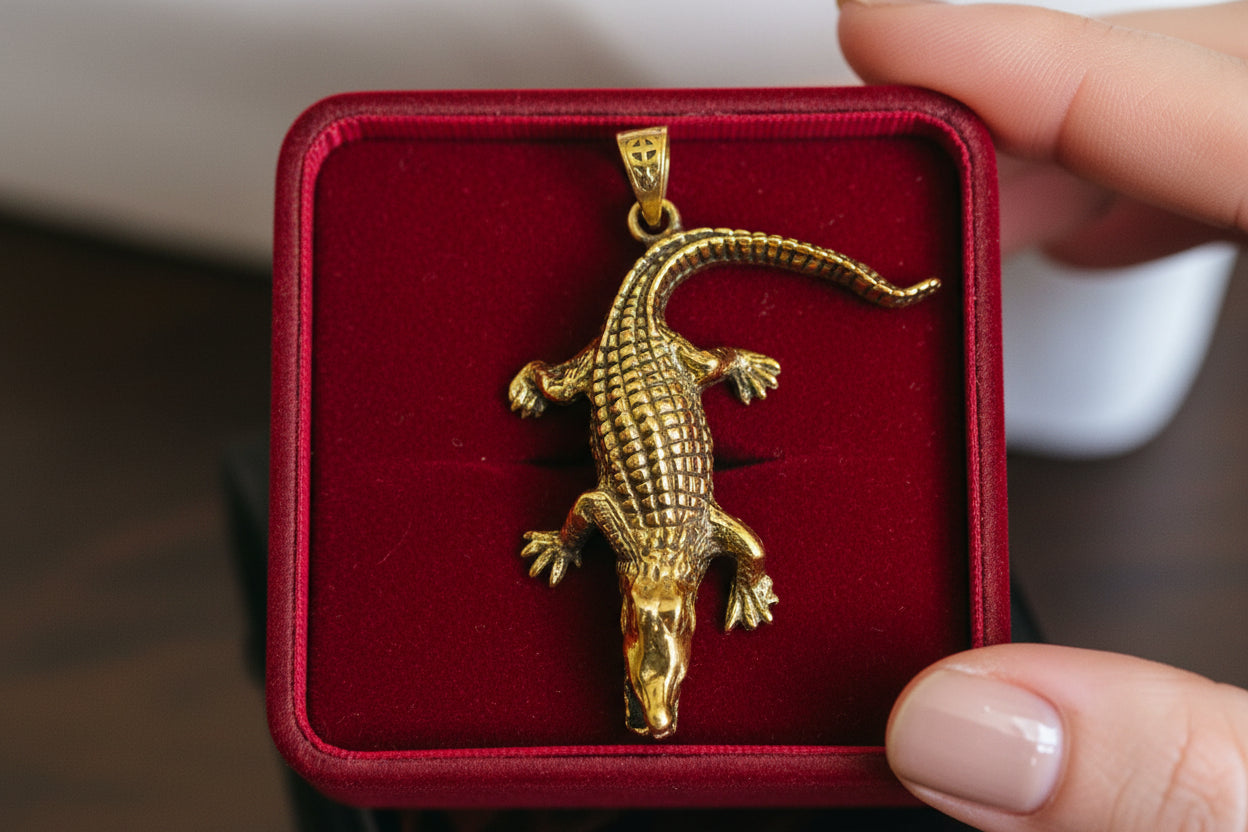 Gold God Sobek Pendant, Egyptian Crocodile God Necklace