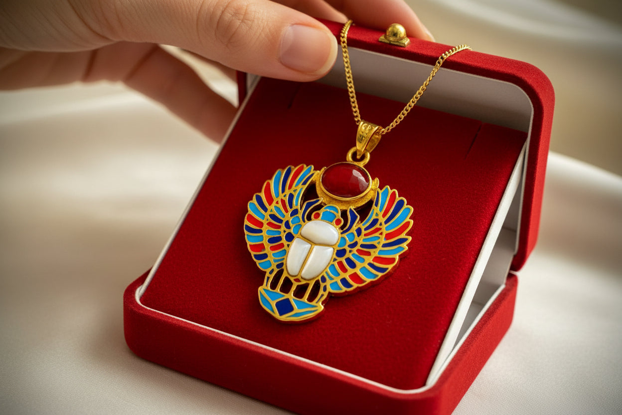 Gold Winged Scarab Pendant, Egyptian Revival Necklace, Mother of Pearl & Enamel
