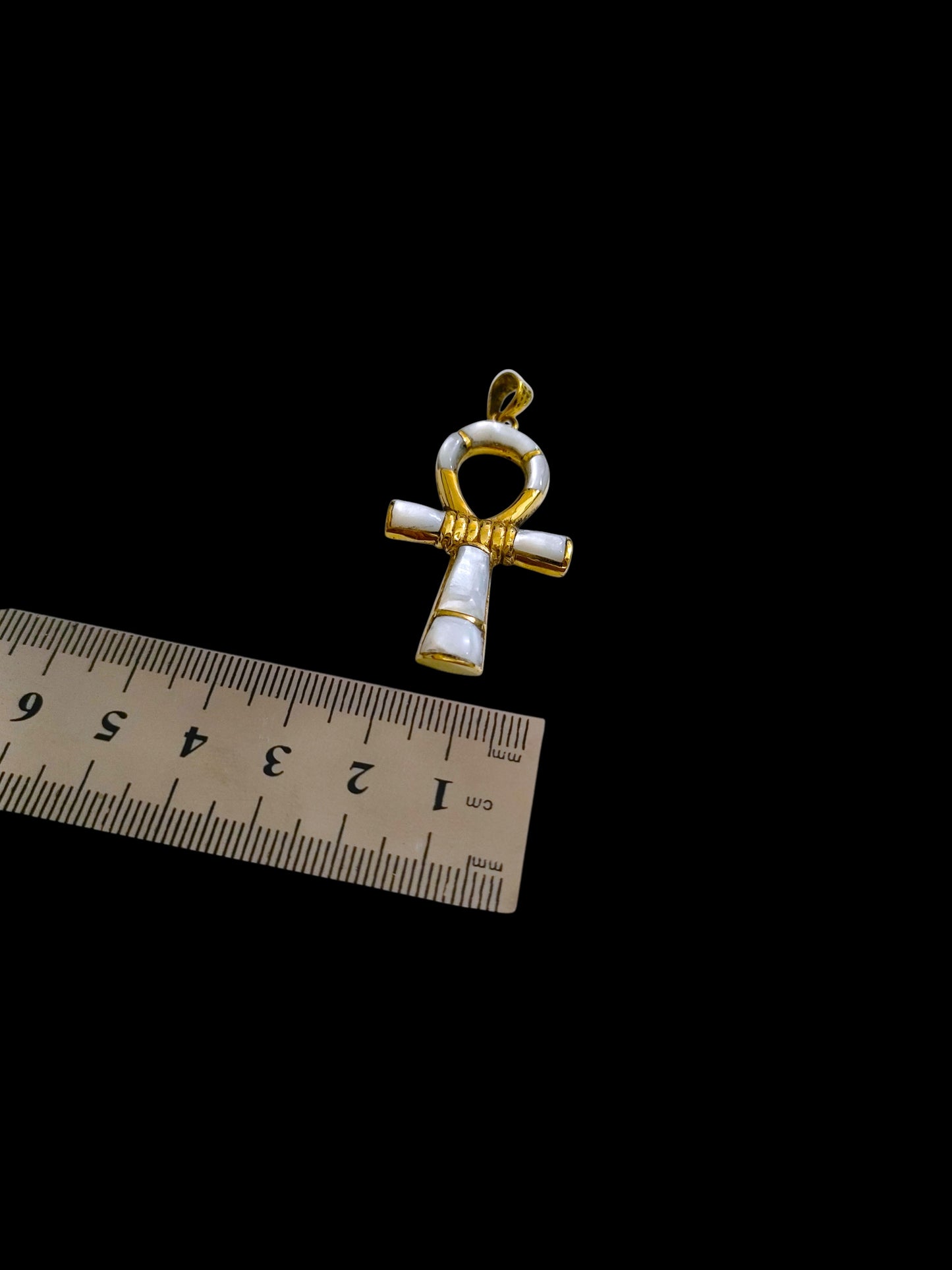 Gold Ankh Necklace, Mother of Pearl Egyptian Key of Life Pendant