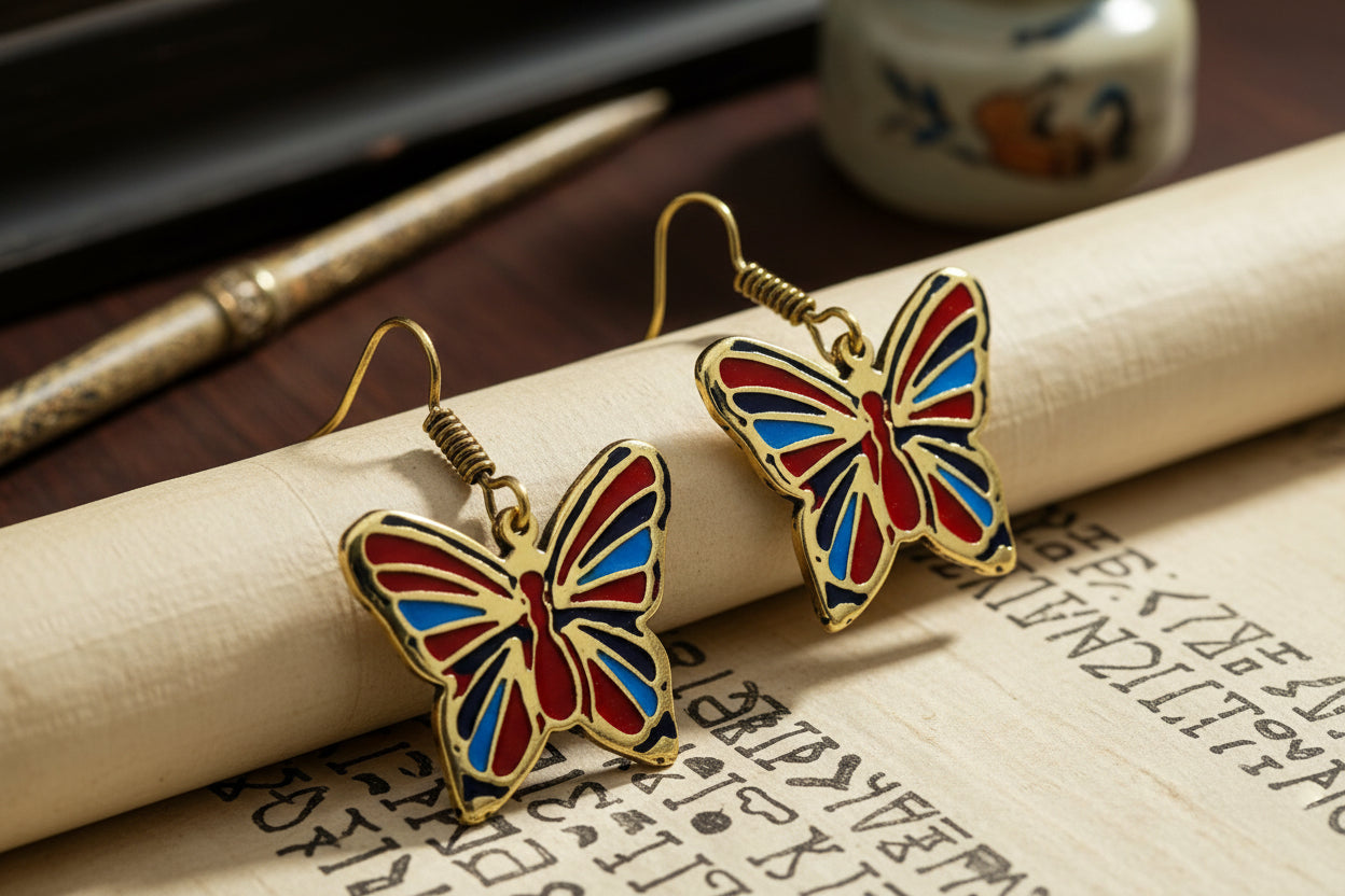 Gold Butterfly Earrings, Enamel Inlay, Egyptian Jewelry