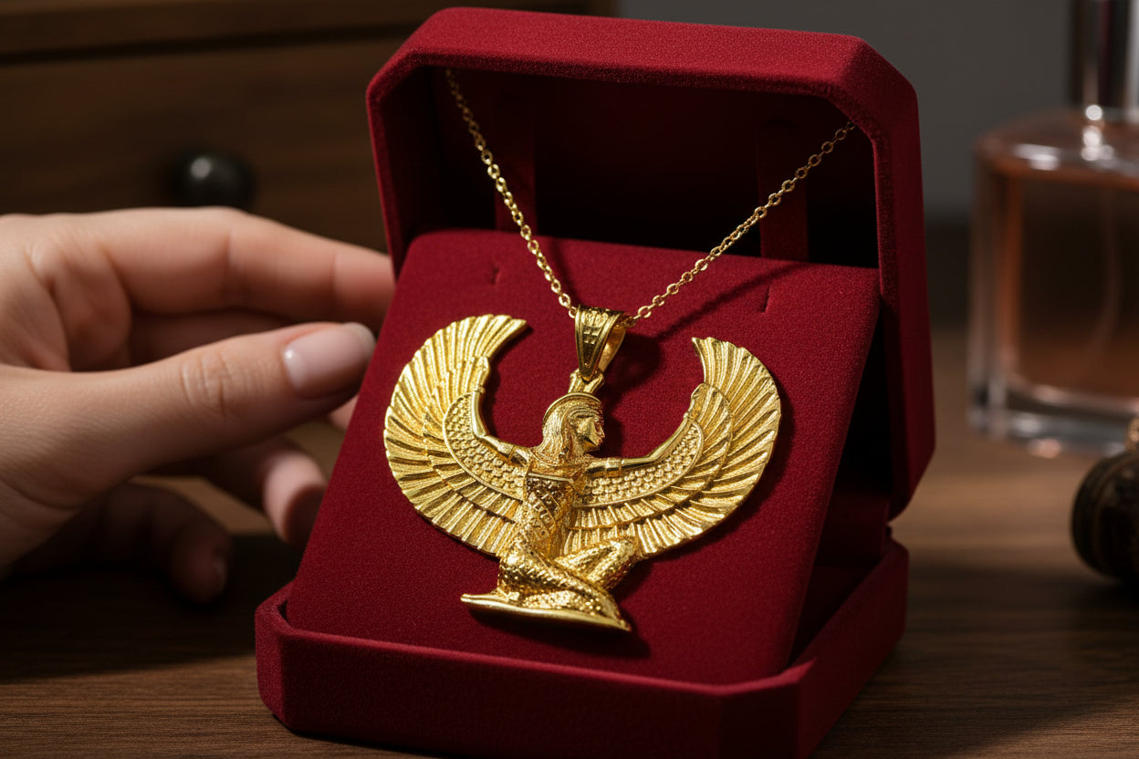 Gold Goddess Maat Pendant Necklace, Egyptian Revival Talisman