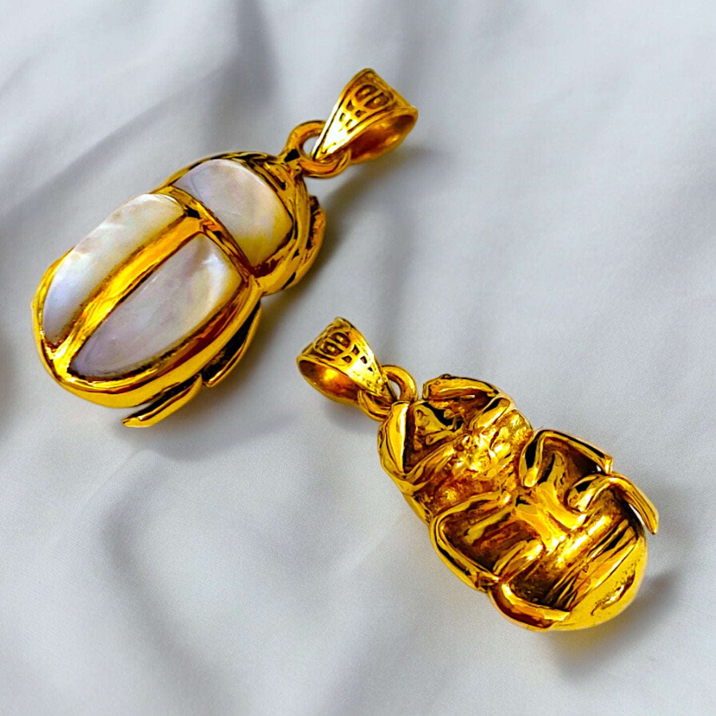 Gold Scarab Mother of Pearl Pendant, Egyptian Revival Necklace