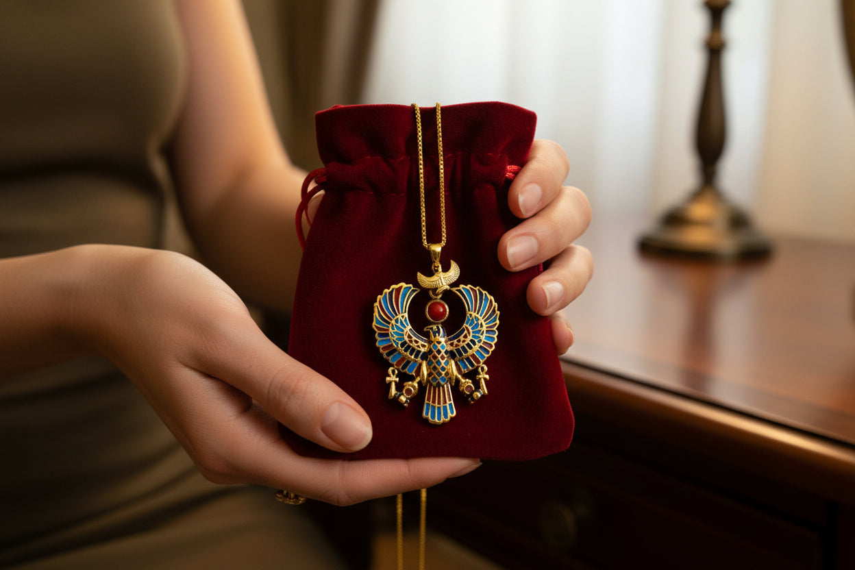 Gold God Horus Large Enamel Pendant, Egyptian Revival Talisman Necklace