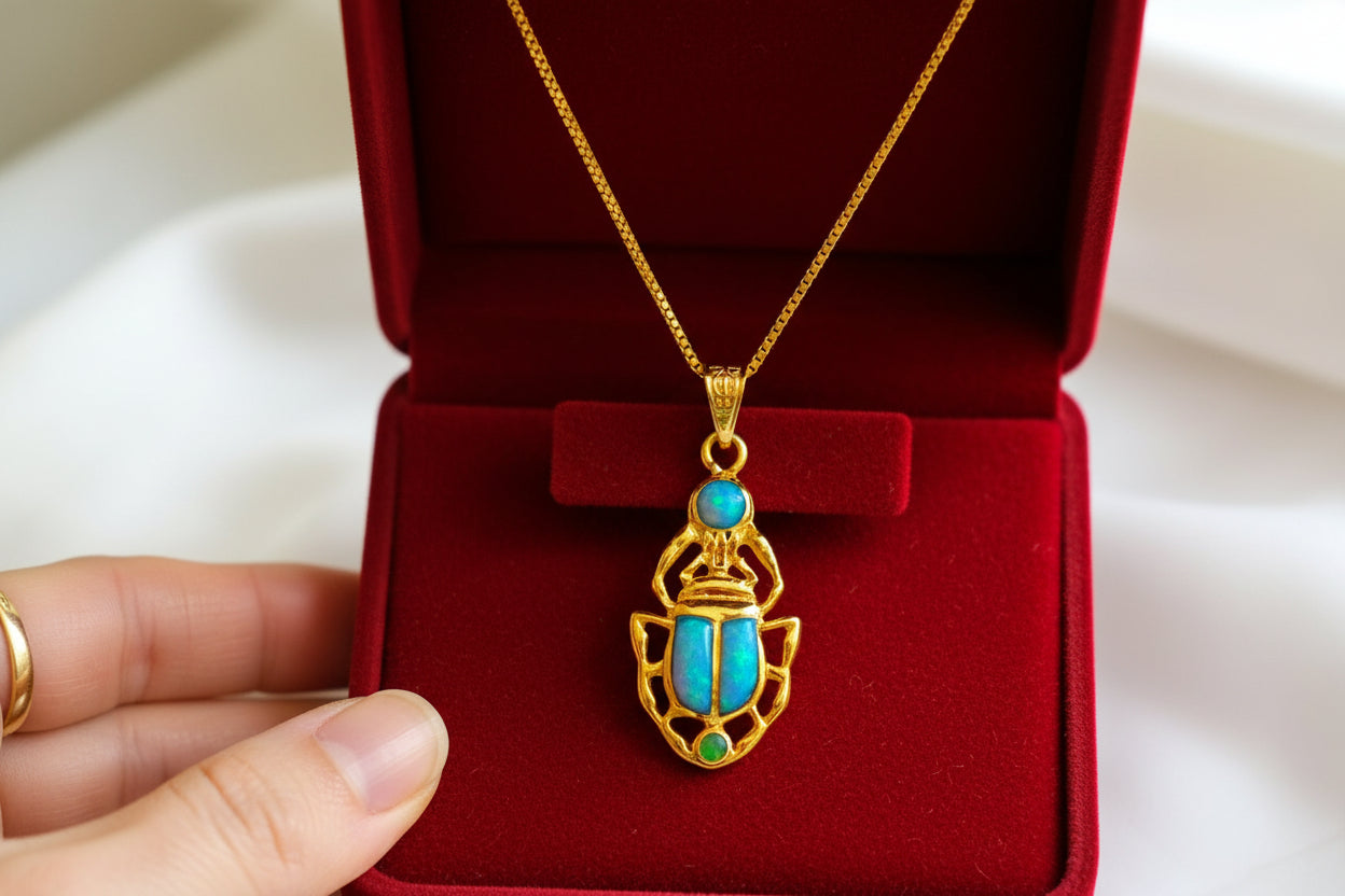 Gold Scarab Pendant Necklace, Egyptian Revival Talisman with Sparkle Opal