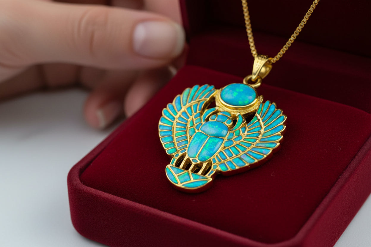 Gold Winged Scarab Pendant, Opal Egyptian Amulet, Talisman Necklace