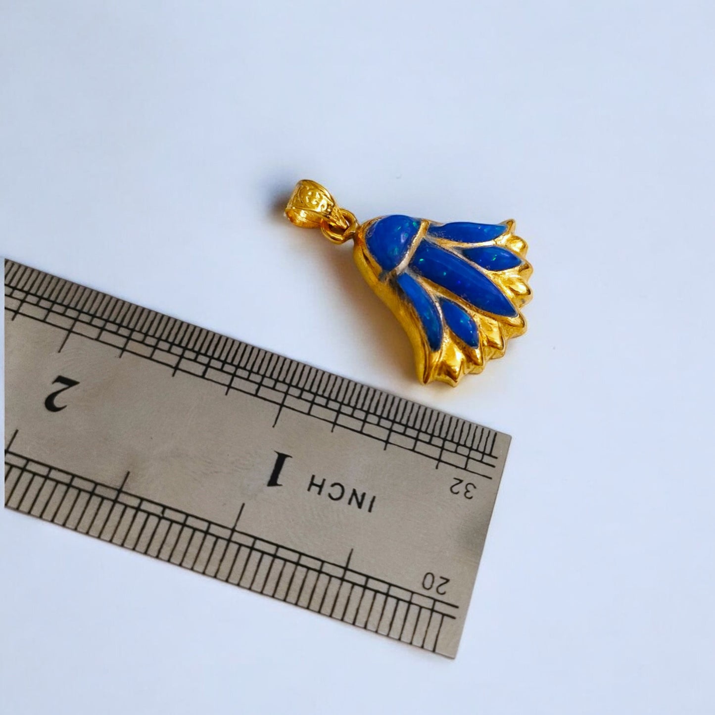 Gold Sparkle Blue Opal Lotus Flower Pendant, Egyptian Necklace