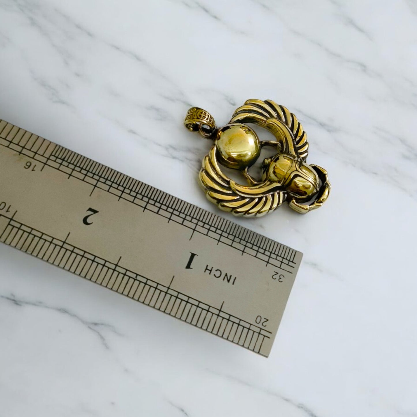 Gold Winged Sun Disk Scarab Beetle Necklace, Egyptian Revival Talisman