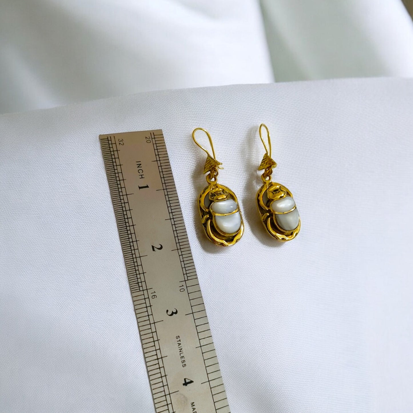 Gold Mother of Pearl Scarab Earrings, Egyptian Amulet Jewelry