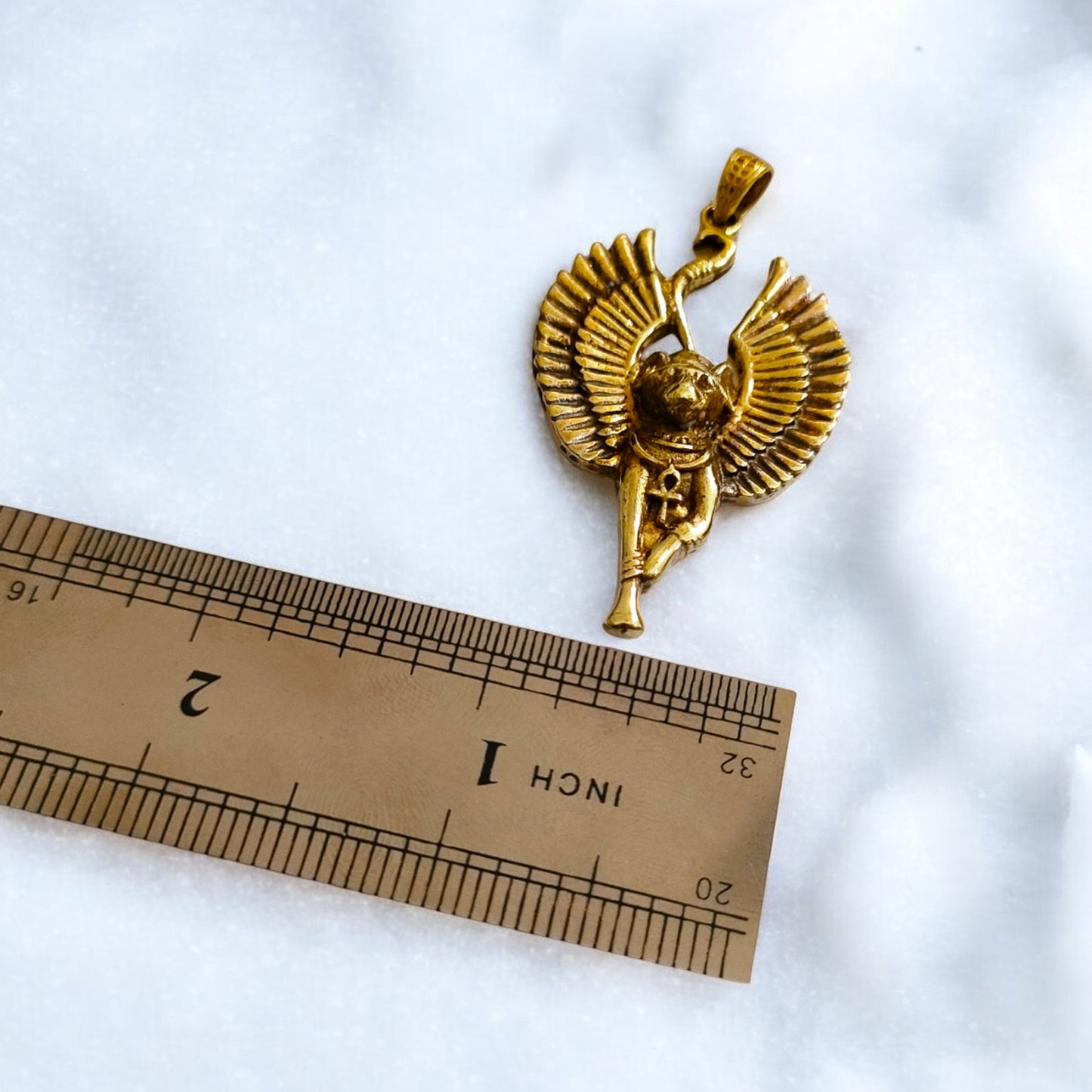 Gold Winged Bastet Cat Pendant Necklace, Egyptian Revival Talisman