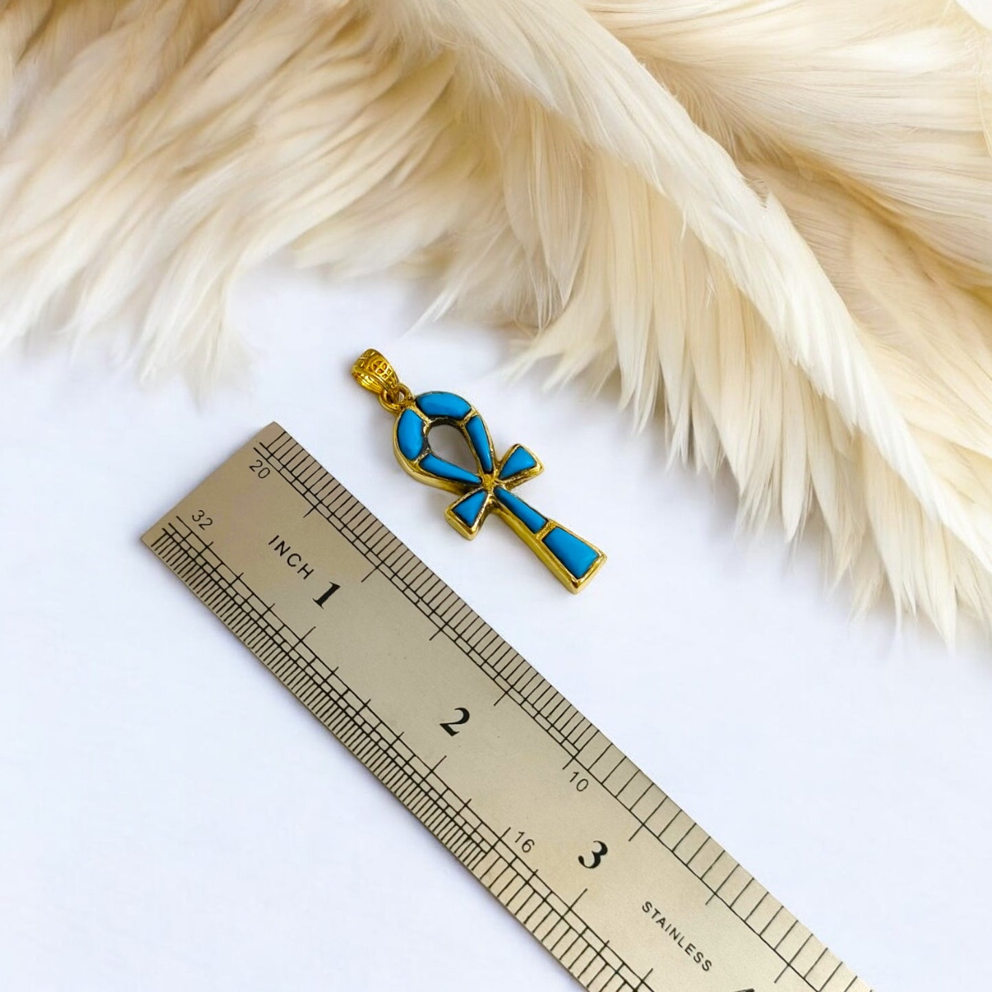 Gold Ankh Turquoise Pendant Necklace, Egyptian Key of Life Talisman