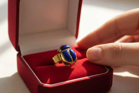 Gold Lapis Lazuli Scarab Ring, Ancient Egyptian Scarab Jewelry, Blue Gemstone Ring, Pharaoh Revival Gift for Her Him