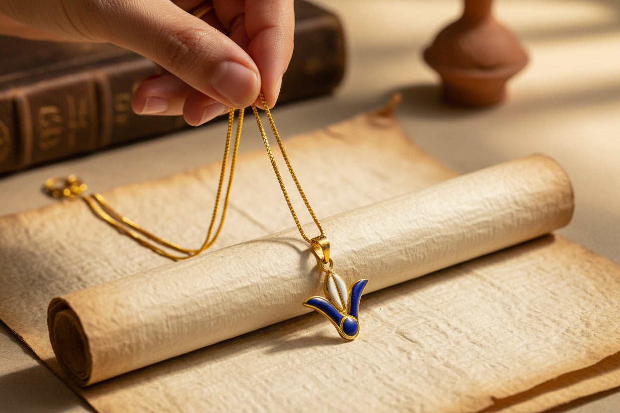 Gold Lotus Flower Pendant, Egyptian Talisman with Lapis Lazuli & Mother Of Pearls Necklace