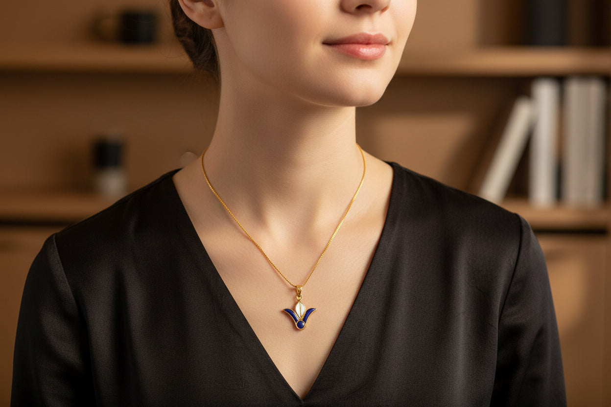 Gold Lotus Flower Pendant, Egyptian Talisman with Lapis Lazuli & Mother Of Pearls Necklace