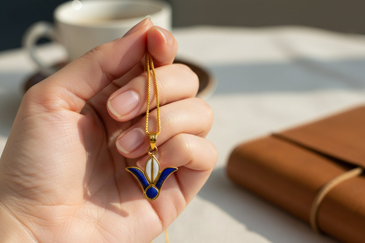 Gold Lotus Flower Pendant, Egyptian Talisman with Lapis Lazuli & Mother Of Pearls Necklace