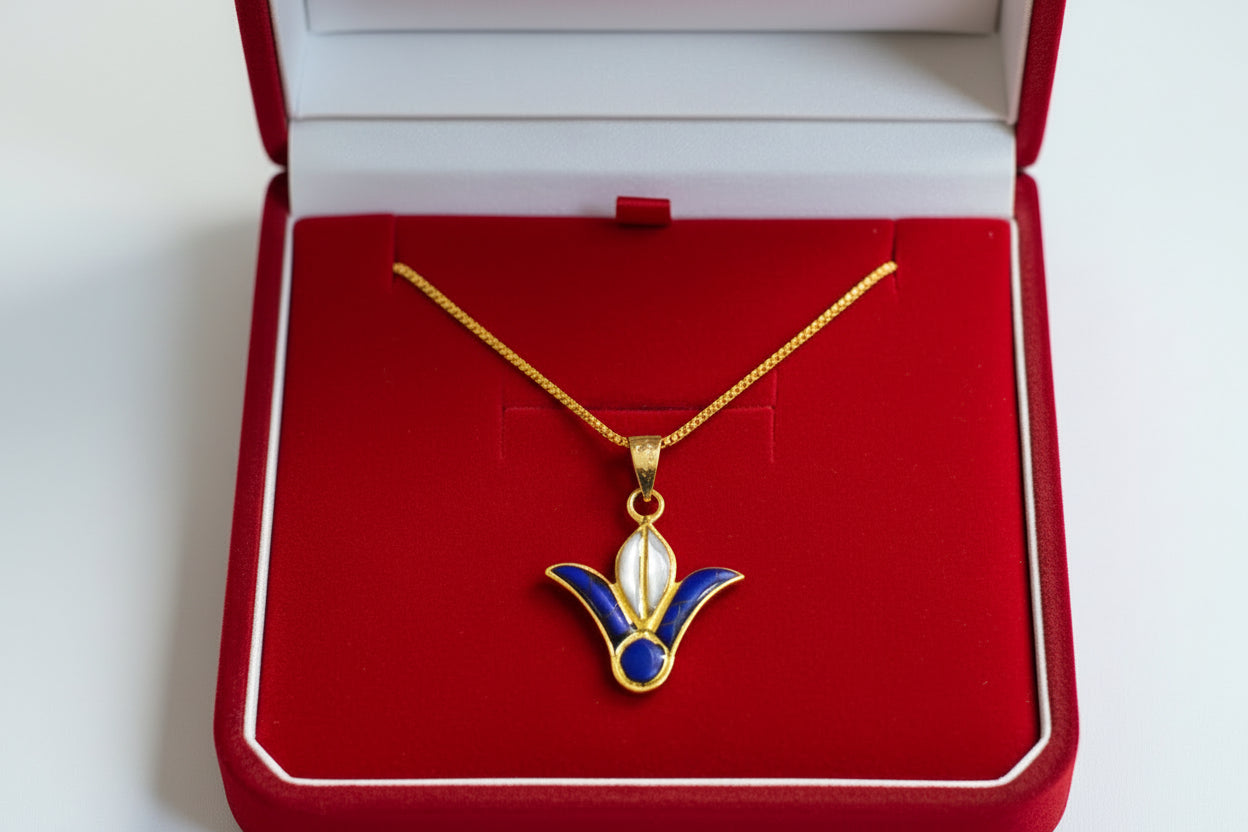 Gold Lotus Flower Pendant, Egyptian Talisman with Lapis Lazuli & Mother Of Pearls Necklace