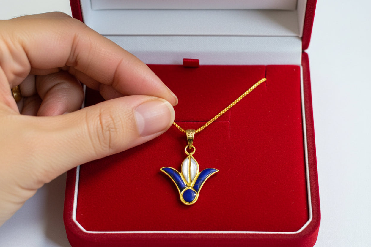 Gold Lotus Flower Pendant, Egyptian Talisman with Lapis Lazuli & Mother Of Pearls Necklace