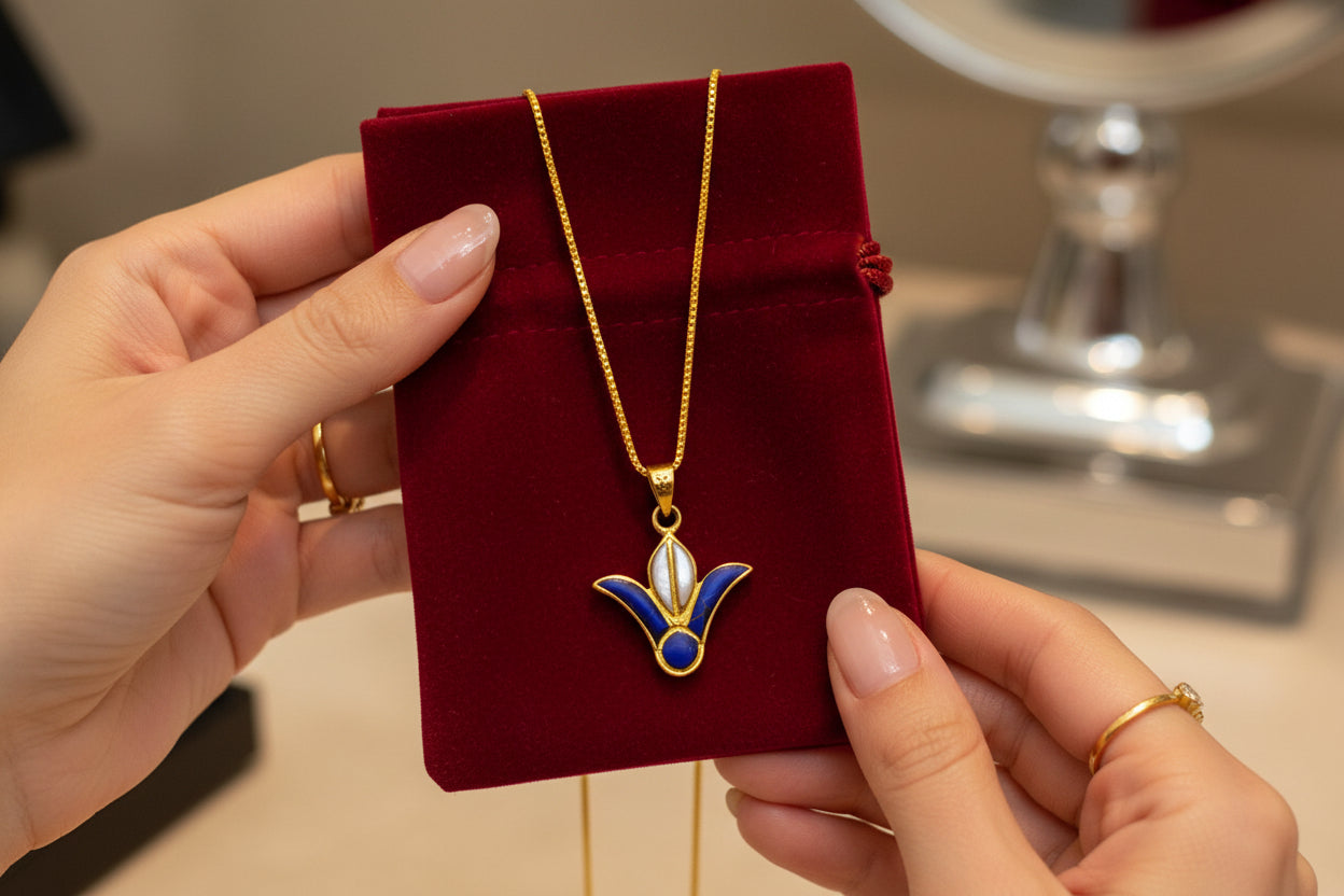 Gold Lotus Flower Pendant, Egyptian Talisman with Lapis Lazuli & Mother Of Pearls Necklace