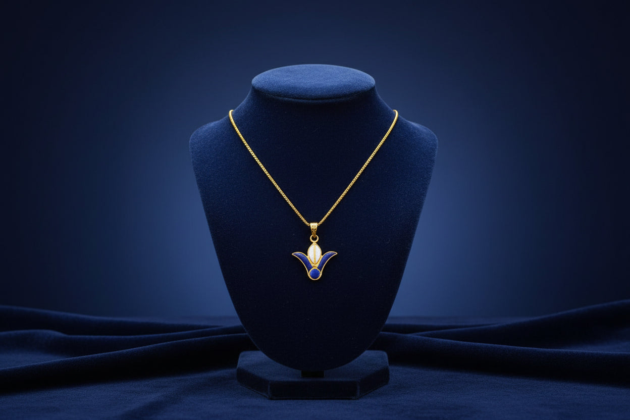 Gold Lotus Flower Pendant, Egyptian Talisman with Lapis Lazuli & Mother Of Pearls Necklace