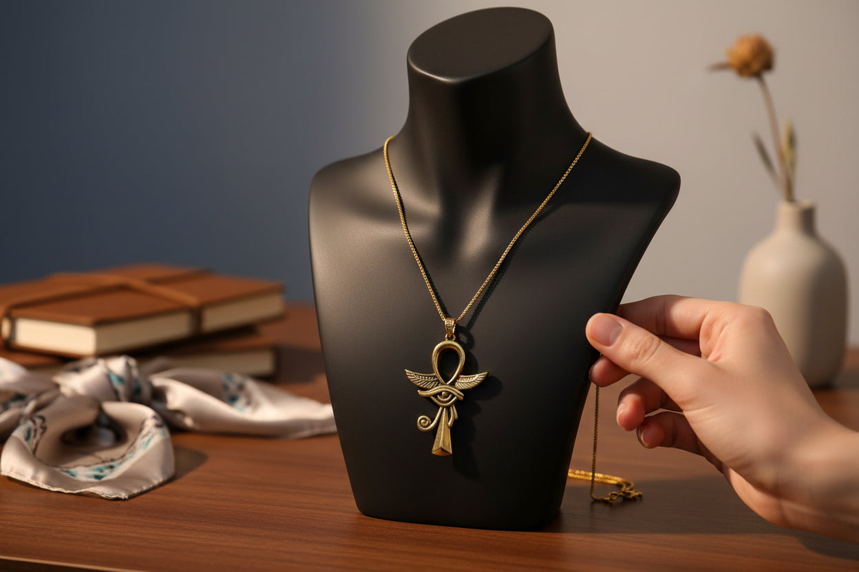 Gold Winged Ankh Pendant, Egyptian Revival Key of Life Necklace