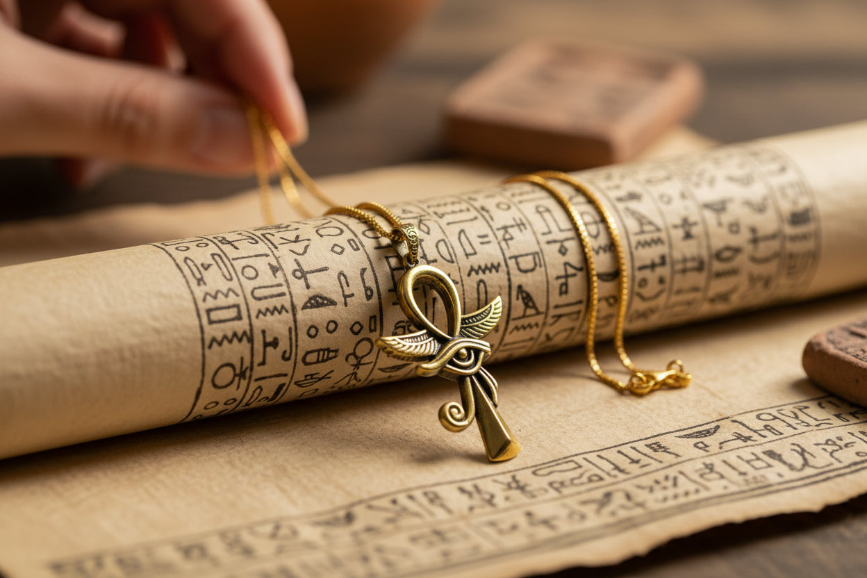 Gold Winged Ankh Pendant, Egyptian Revival Key of Life Necklace