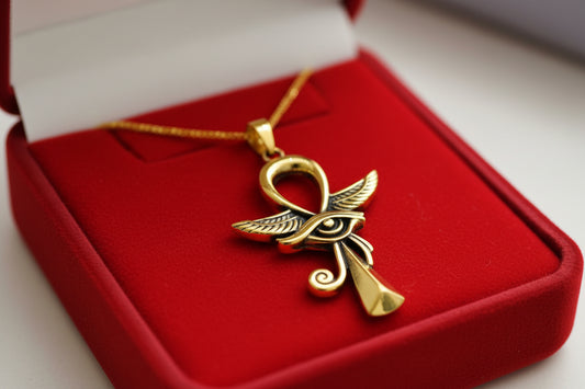 Gold Winged Ankh Pendant, Egyptian Revival Key of Life Necklace
