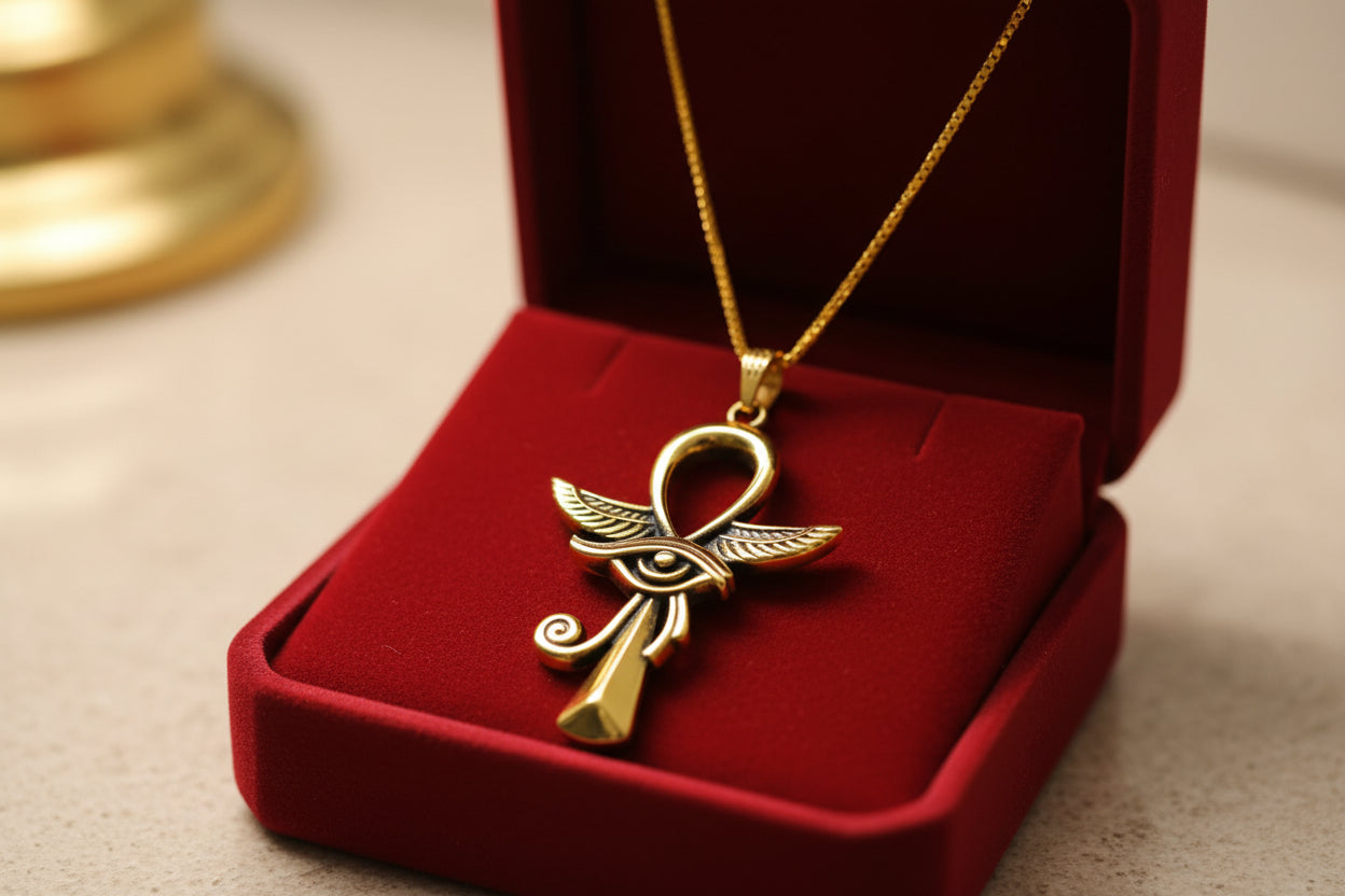 Gold Winged Ankh Pendant, Egyptian Revival Key of Life Necklace