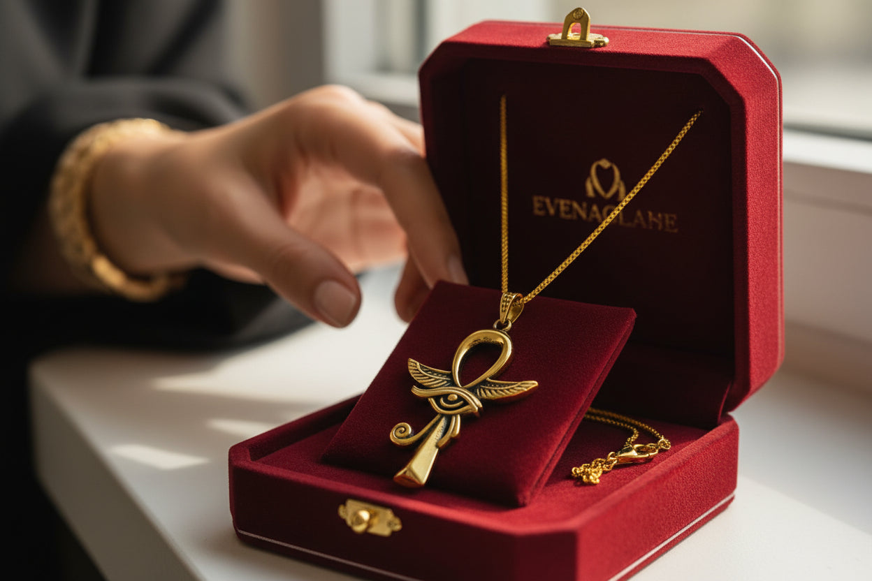 Gold Winged Ankh Pendant, Egyptian Revival Key of Life Necklace