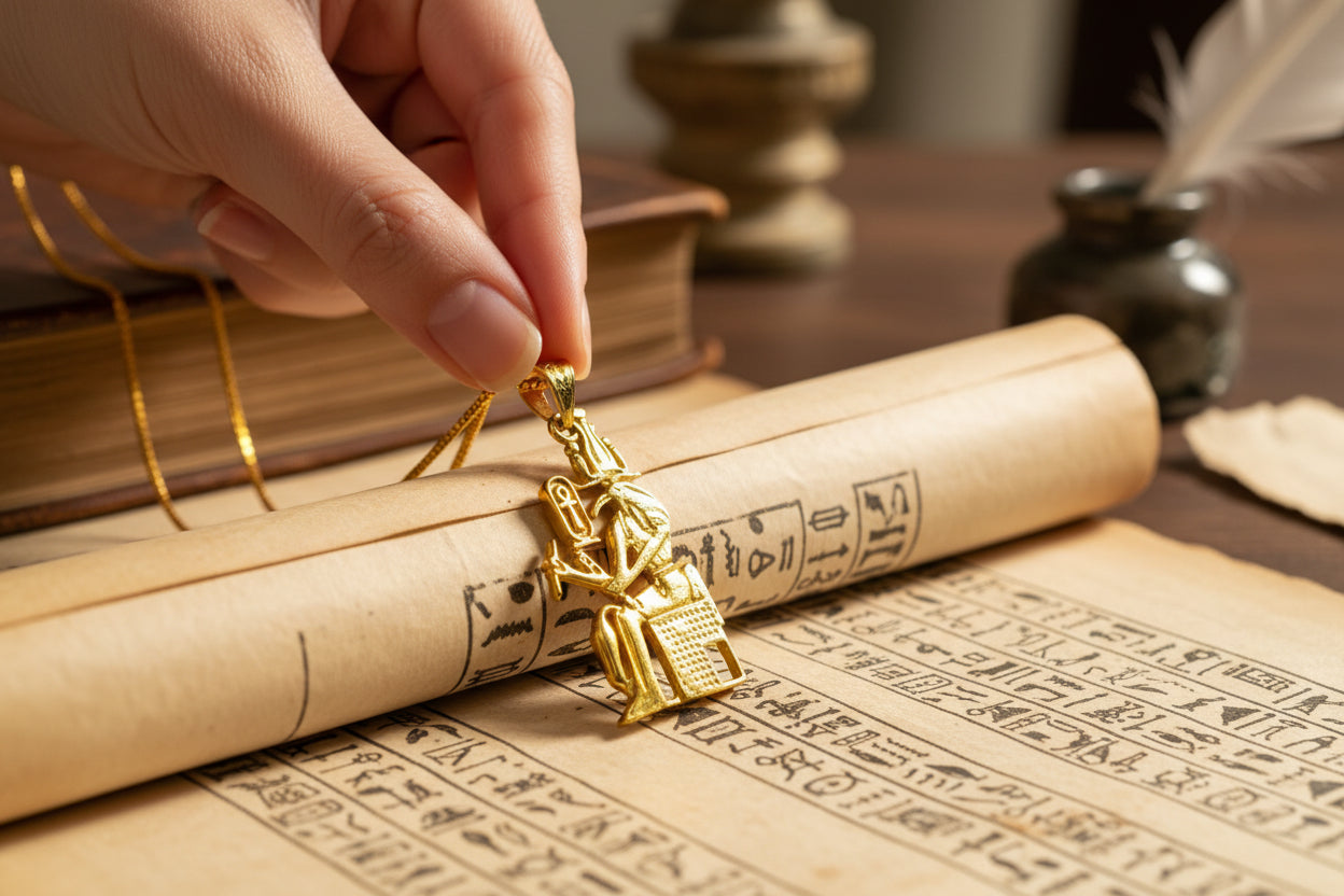 Gold Thoth Pendant Necklace, Egyptian Revival Talisman