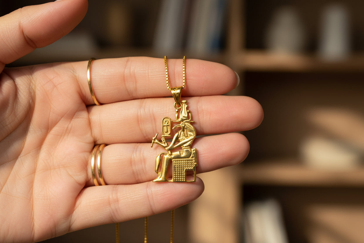 Gold Thoth Pendant Necklace, Egyptian Revival Talisman