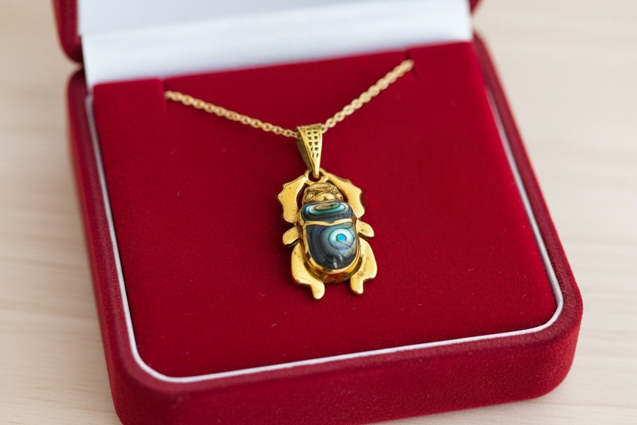 Gold Scarab Mother of Pearl Abalone Pendant, Egyptian Revival Necklace