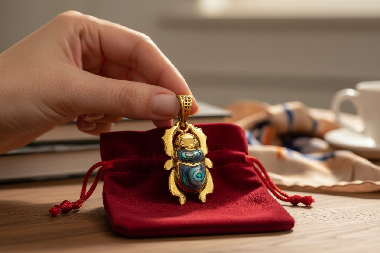 Gold Scarab Mother of Pearl Abalone Pendant, Egyptian Revival Necklace