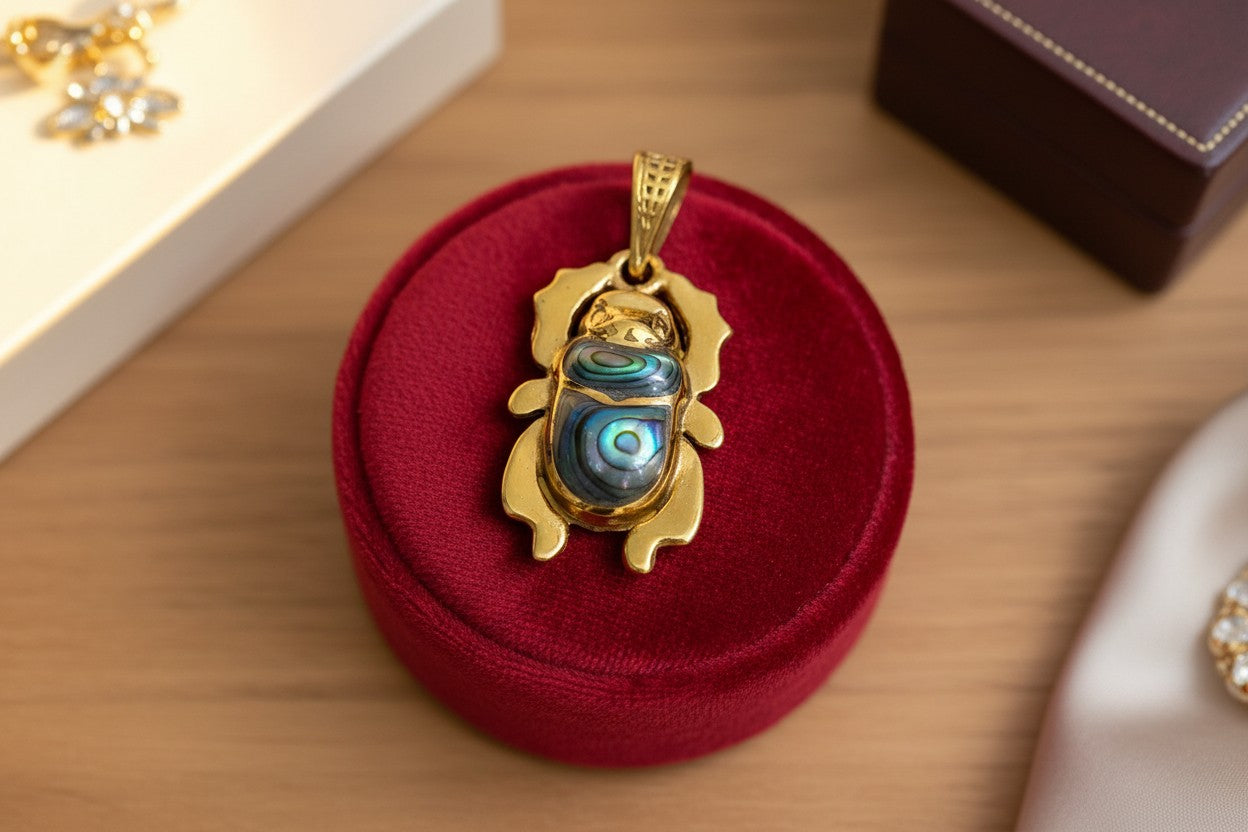 Gold Scarab Mother of Pearl Abalone Pendant, Egyptian Revival Necklace