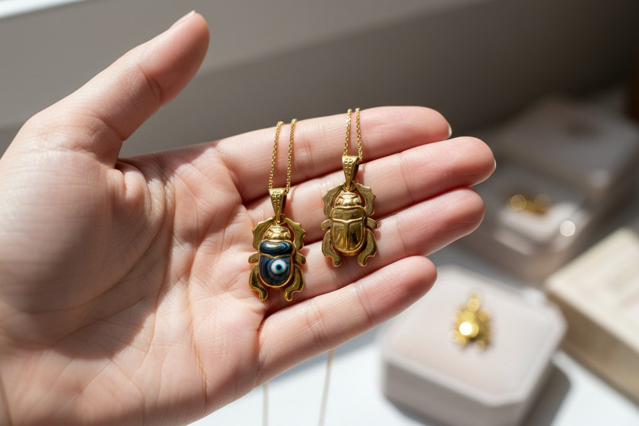 Gold Scarab Mother of Pearl Abalone Pendant, Egyptian Revival Necklace
