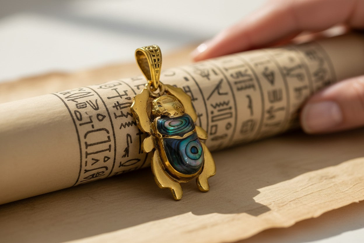 Gold Scarab Mother of Pearl Abalone Pendant, Egyptian Revival Necklace