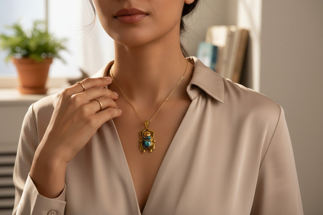 Gold Scarab Mother of Pearl Abalone Pendant, Egyptian Revival Necklace