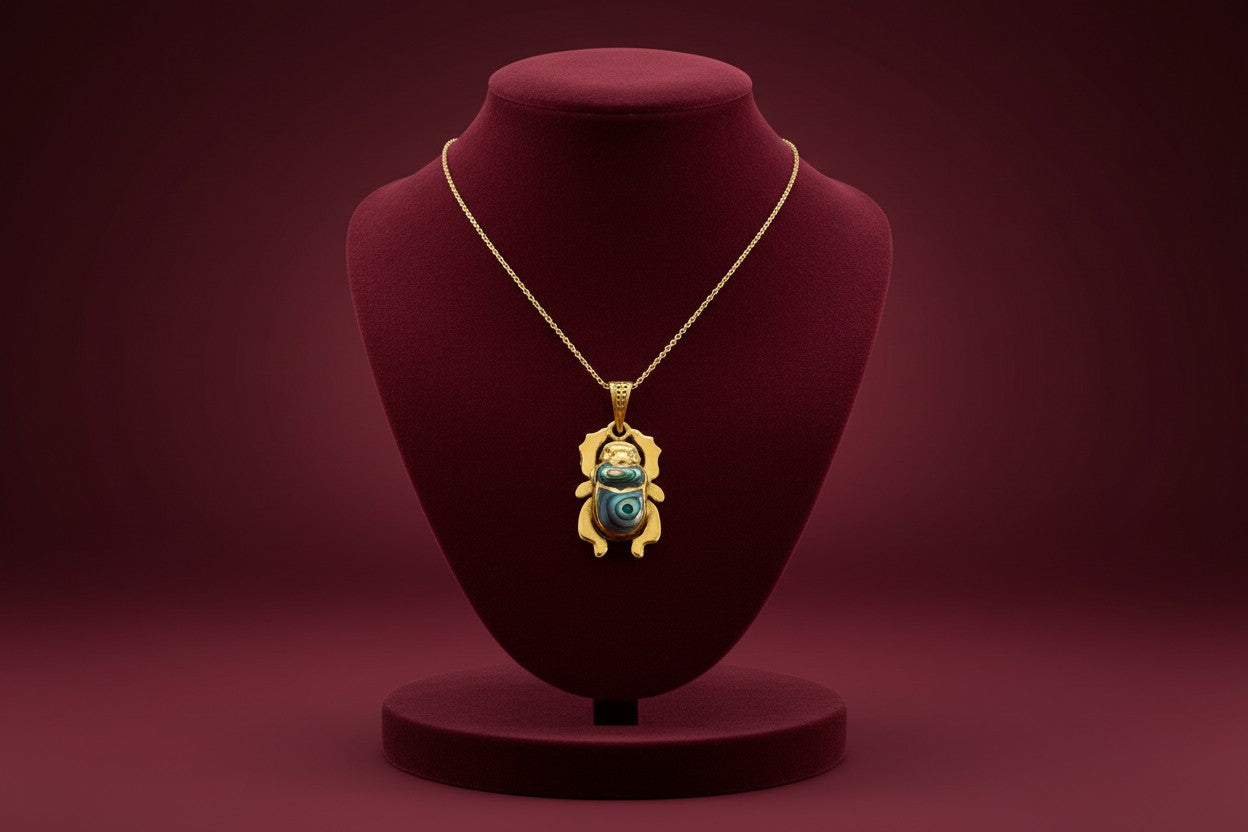 Gold Scarab Mother of Pearl Abalone Pendant, Egyptian Revival Necklace
