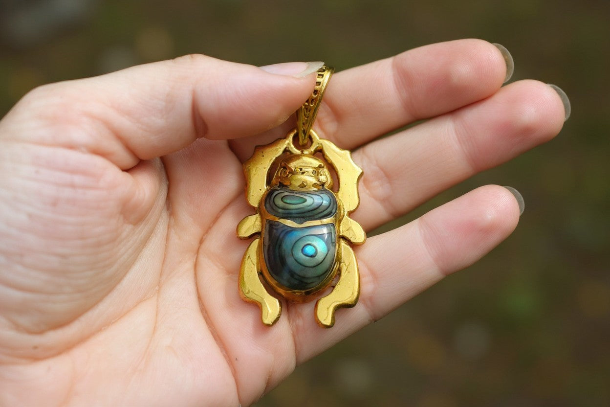 Gold Scarab Mother of Pearl Abalone Pendant, Egyptian Revival Necklace