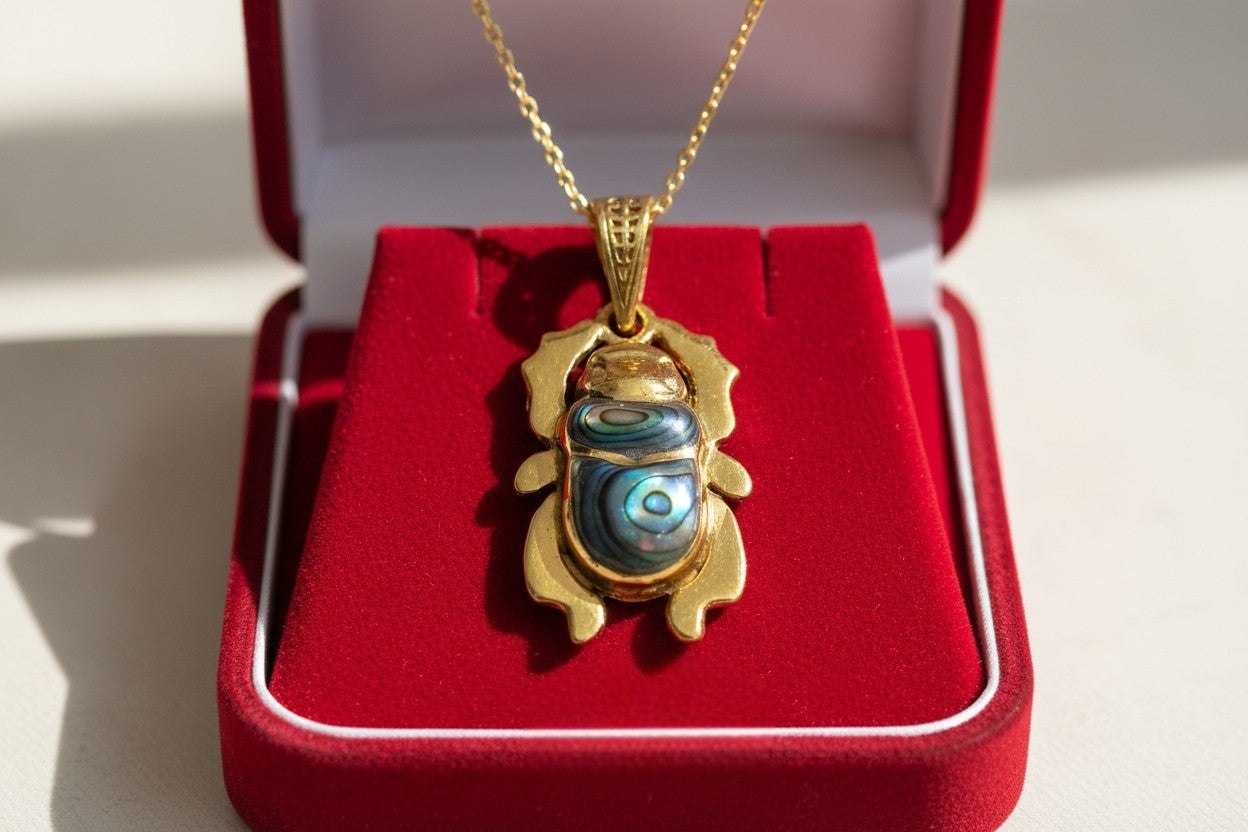 Gold Scarab Mother of Pearl Abalone Pendant, Egyptian Revival Necklace