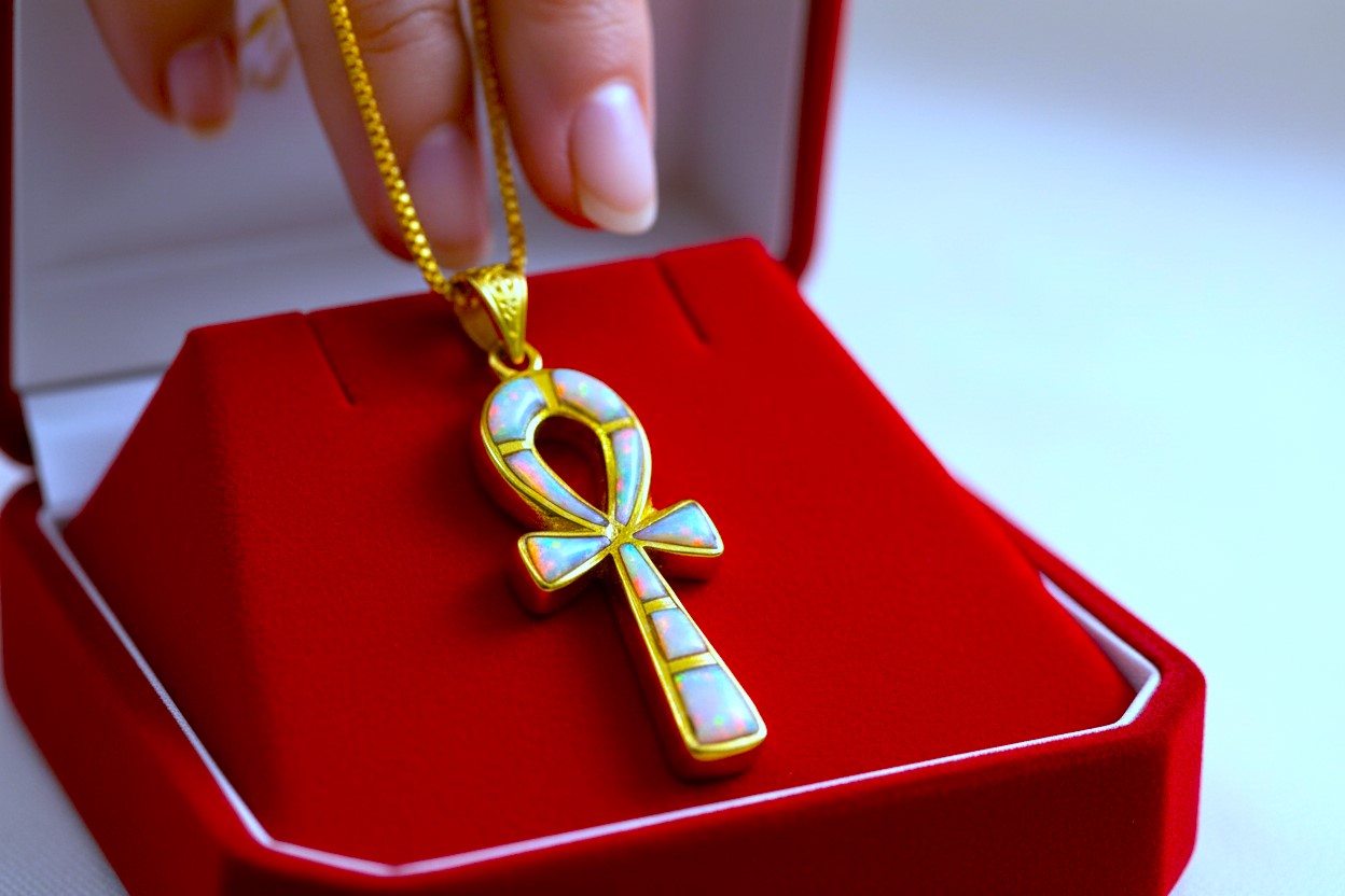 Gold Opal Key Of Life Ankh Pendant, Egyptian Revival Divine Minimalist Necklace